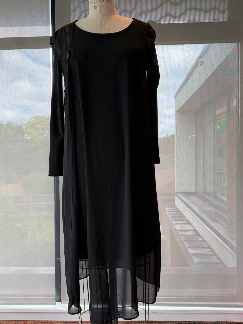 Scap Black Long Sleeve Sheer-Hem Shift Dress